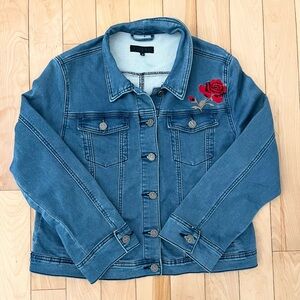 Oxygen Blue Denim Jeans Jacket Red Rose Embroidery Size XL
